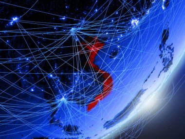 Vietnam yeşil modeli bir gece ağı ile dünya gezegeni. Kavramı mavi dijital teknoloji, iletişim ve seyahat. 3D çizim. Nasa tarafından döşenmiş bu görüntü unsurları.