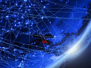 Ermenistan yeşil modeli bir gece ağı ile dünya gezegeni. Kavramı mavi dijital teknoloji, iletişim ve seyahat. 3D çizim. Nasa tarafından döşenmiş bu görüntü unsurları.