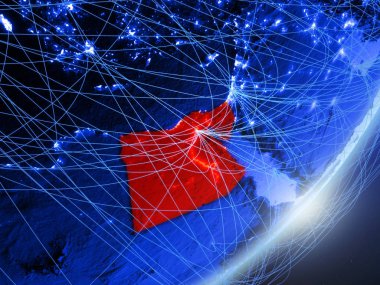 Mısır geceleri ağ ile Dünya gezegeninin yeşil modeli. Kavramı mavi dijital teknoloji, iletişim ve seyahat. 3D çizim. Nasa tarafından döşenmiş bu görüntü unsurları.