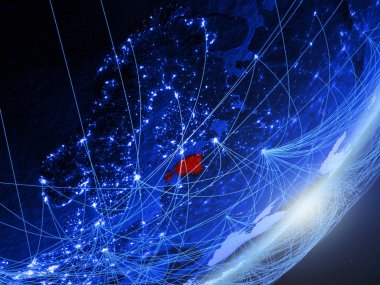 Estonya yeşil modeli bir gece ağı ile dünya gezegeni. Kavramı mavi dijital teknoloji, iletişim ve seyahat. 3D çizim. Nasa tarafından döşenmiş bu görüntü unsurları.