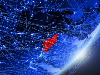 Suriye yeşil modeli bir gece ağı ile dünya gezegeni. Kavramı mavi dijital teknoloji, iletişim ve seyahat. 3D çizim. Nasa tarafından döşenmiş bu görüntü unsurları.