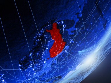 Finlandiya yeşil modeli bir gece ağı ile dünya gezegeni. Kavramı mavi dijital teknoloji, iletişim ve seyahat. 3D çizim. Nasa tarafından döşenmiş bu görüntü unsurları.