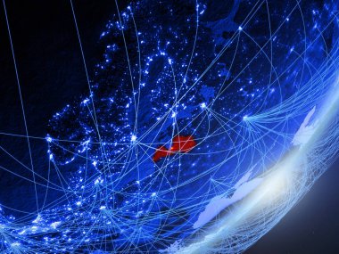 Letonya yeşil modeli bir gece ağı ile dünya gezegeni. Kavramı mavi dijital teknoloji, iletişim ve seyahat. 3D çizim. Nasa tarafından döşenmiş bu görüntü unsurları.