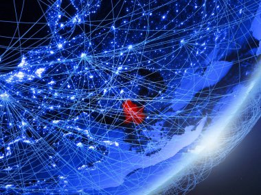 Sırbistan yeşil modeli bir gece ağı ile dünya gezegeni. Kavramı mavi dijital teknoloji, iletişim ve seyahat. 3D çizim. Nasa tarafından döşenmiş bu görüntü unsurları.