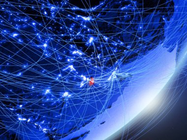 Yeşil modeli ile ağ gece Dünya gezegeninin bir katar. Kavramı mavi dijital teknoloji, iletişim ve seyahat. 3D çizim. Nasa tarafından döşenmiş bu görüntü unsurları.