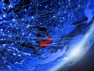Bulgaristan yeşil modeli bir gece ağı ile dünya gezegeni. Kavramı mavi dijital teknoloji, iletişim ve seyahat. 3D çizim. Nasa tarafından döşenmiş bu görüntü unsurları.
