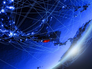 El Salvador yeşil modeli bir gece ağı ile dünya gezegeni. Kavramı mavi dijital teknoloji, iletişim ve seyahat. 3D çizim. Nasa tarafından döşenmiş bu görüntü unsurları.