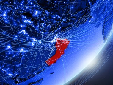 Umman yeşil modeli bir gece ağı ile dünya gezegeni. Kavramı mavi dijital teknoloji, iletişim ve seyahat. 3D çizim. Nasa tarafından döşenmiş bu görüntü unsurları.