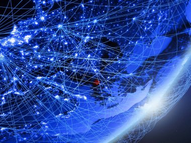 Kosova yeşil modeli bir gece ağı ile dünya gezegeni. Kavramı mavi dijital teknoloji, iletişim ve seyahat. 3D çizim. Nasa tarafından döşenmiş bu görüntü unsurları.