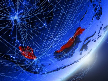 Malezya yeşil modeli bir gece ağı ile dünya gezegeni. Kavramı mavi dijital teknoloji, iletişim ve seyahat. 3D çizim. Nasa tarafından döşenmiş bu görüntü unsurları.