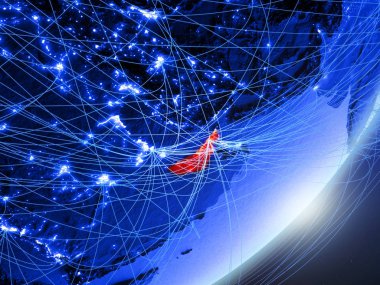 Birleşik Arap Emirlikleri yeşil modeli bir gece ağı ile dünya gezegeni. Kavramı mavi dijital teknoloji, iletişim ve seyahat. 3D çizim. Nasa tarafından döşenmiş bu görüntü unsurları.