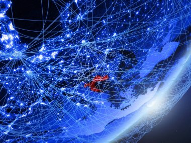 Hırvatistan yeşil modeli bir gece ağı ile dünya gezegeni. Kavramı mavi dijital teknoloji, iletişim ve seyahat. 3D çizim. Nasa tarafından döşenmiş bu görüntü unsurları.