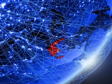 Yunanistan yeşil modeli bir gece ağı ile dünya gezegeni. Kavramı mavi dijital teknoloji, iletişim ve seyahat. 3D çizim. Nasa tarafından döşenmiş bu görüntü unsurları.