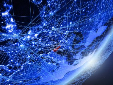 Slovenya yeşil modeli bir gece ağı ile dünya gezegeni. Kavramı mavi dijital teknoloji, iletişim ve seyahat. 3D çizim. Nasa tarafından döşenmiş bu görüntü unsurları.