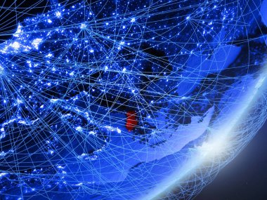 Arnavutluk yeşil modeli bir gece ağı ile dünya gezegeni. Kavramı mavi dijital teknoloji, iletişim ve seyahat. 3D çizim. Nasa tarafından döşenmiş bu görüntü unsurları.