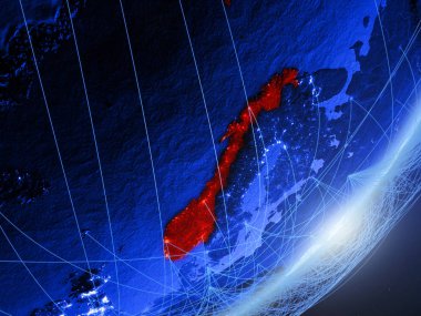 Norveç yeşil modeli bir gece ağı ile dünya gezegeni. Kavramı mavi dijital teknoloji, iletişim ve seyahat. 3D çizim. Nasa tarafından döşenmiş bu görüntü unsurları.