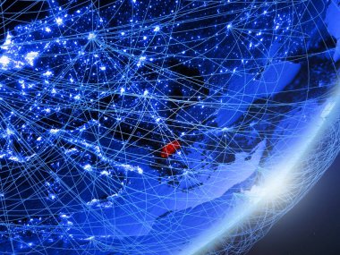 Makedonya yeşil modeli bir gece ağı ile dünya gezegeni. Kavramı mavi dijital teknoloji, iletişim ve seyahat. 3D çizim. Nasa tarafından döşenmiş bu görüntü unsurları.