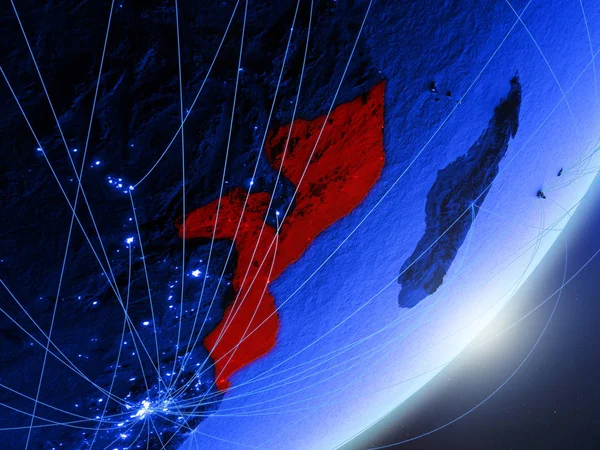 Mozambik yeşil modeli bir gece ağı ile dünya gezegeni. Kavramı mavi dijital teknoloji, iletişim ve seyahat. 3D çizim. Nasa tarafından döşenmiş bu görüntü unsurları.