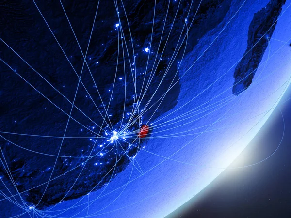 eSwatini on green model of planet Earth with network at night. Concept of blue digital technology, communication and travel. 3D illustration. Elements of this image furnished by NASA.