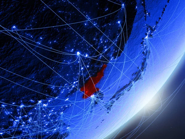 Kuzey Kore gece ağı ile Dünya gezegeninin yeşil modeli. Kavramı mavi dijital teknoloji, iletişim ve seyahat. 3D çizim. Nasa tarafından döşenmiş bu görüntü unsurları.