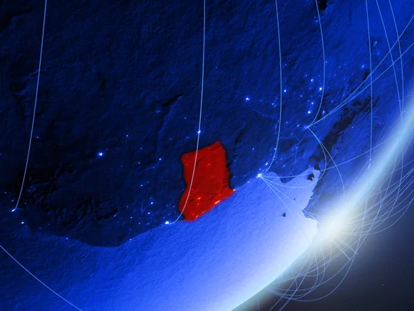 Gana yeşil modeli bir gece ağı ile dünya gezegeni. Kavramı mavi dijital teknoloji, iletişim ve seyahat. 3D çizim. Nasa tarafından döşenmiş bu görüntü unsurları.