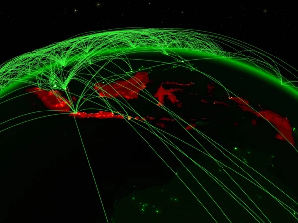 Indonésia Planeta Terra Verde Com Rede Internacional Representando Comunicação Viagens — Fotografia de Stock