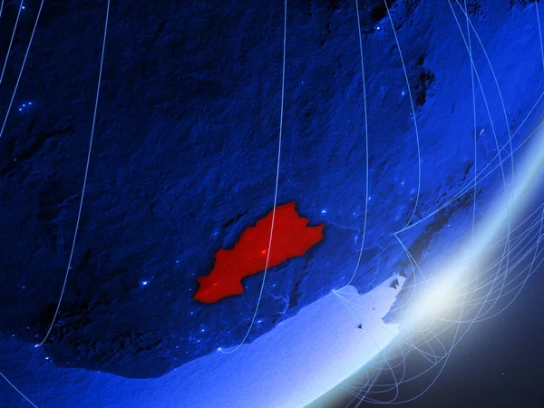 Burkina Faso yeşil modeli bir gece ağı ile dünya gezegeni. Kavramı mavi dijital teknoloji, iletişim ve seyahat. 3D çizim. Nasa tarafından döşenmiş bu görüntü unsurları.