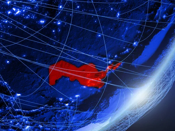 Özbekistan yeşil modeli bir gece ağı ile dünya gezegeni. Kavramı mavi dijital teknoloji, iletişim ve seyahat. 3D çizim. Nasa tarafından döşenmiş bu görüntü unsurları.