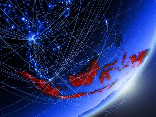 Endonezya yeşil modeli bir gece ağı ile dünya gezegeni. Kavramı mavi dijital teknoloji, iletişim ve seyahat. 3D çizim. Nasa tarafından döşenmiş bu görüntü unsurları.