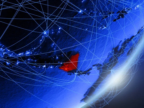 Nikaragua yeşil modeli bir gece ağı ile dünya gezegeni. Kavramı mavi dijital teknoloji, iletişim ve seyahat. 3D çizim. Nasa tarafından döşenmiş bu görüntü unsurları.