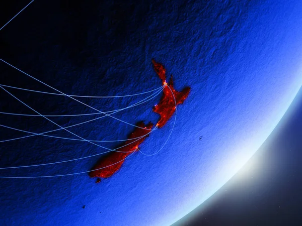 Yeni Zelanda yeşil modeli bir gece ağı ile dünya gezegeni. Kavramı mavi dijital teknoloji, iletişim ve seyahat. 3D çizim. Nasa tarafından döşenmiş bu görüntü unsurları.