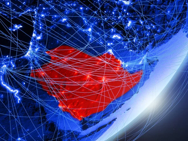 Saudi Arabia on green model of planet Earth with network at night. Concept of blue digital technology, communication and travel. 3D illustration. Elements of this image furnished by NASA.