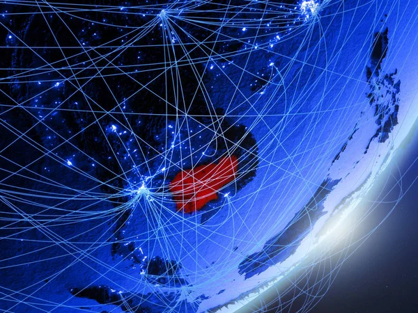 Kamboçya yeşil modeli bir gece ağı ile dünya gezegeni. Kavramı mavi dijital teknoloji, iletişim ve seyahat. 3D çizim. Nasa tarafından döşenmiş bu görüntü unsurları.