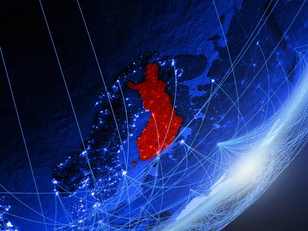Finlandiya yeşil modeli bir gece ağı ile dünya gezegeni. Kavramı mavi dijital teknoloji, iletişim ve seyahat. 3D çizim. Nasa tarafından döşenmiş bu görüntü unsurları.