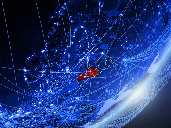Letonya yeşil modeli bir gece ağı ile dünya gezegeni. Kavramı mavi dijital teknoloji, iletişim ve seyahat. 3D çizim. Nasa tarafından döşenmiş bu görüntü unsurları.