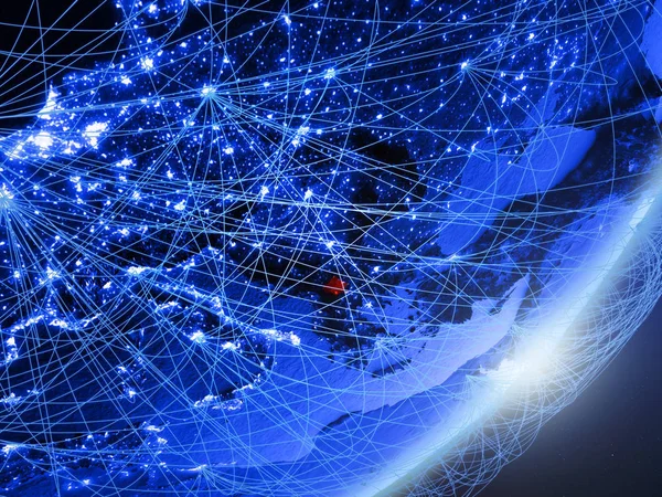 Kosova yeşil modeli bir gece ağı ile dünya gezegeni. Kavramı mavi dijital teknoloji, iletişim ve seyahat. 3D çizim. Nasa tarafından döşenmiş bu görüntü unsurları.