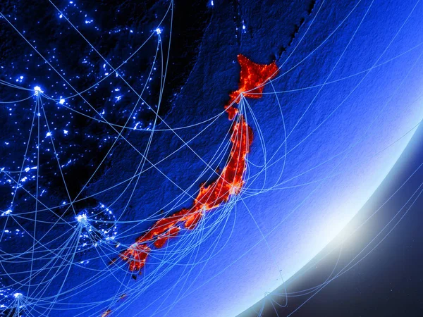 Japan on green model of planet Earth with network at night. Concept of blue digital technology, communication and travel. 3D illustration. Elements of this image furnished by NASA.