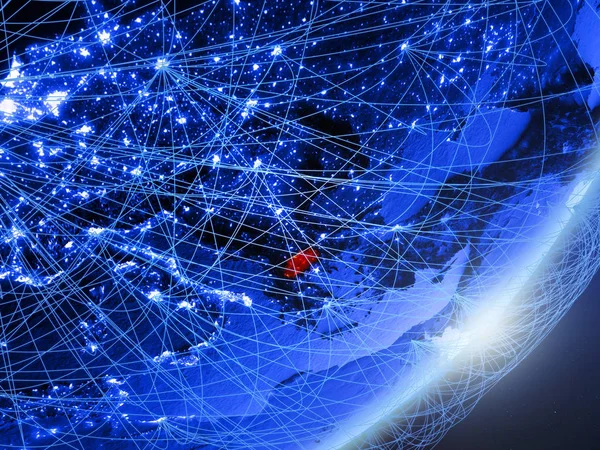 Makedonya yeşil modeli bir gece ağı ile dünya gezegeni. Kavramı mavi dijital teknoloji, iletişim ve seyahat. 3D çizim. Nasa tarafından döşenmiş bu görüntü unsurları.