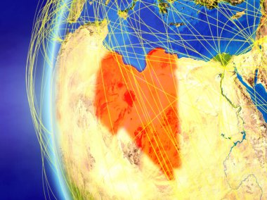 Libya uluslararası ağı ile Dünya'nın modeli uzaydan. Dijital iletişim veya seyahat kavramı. 3D çizim. Nasa tarafından döşenmiş bu görüntü unsurları.