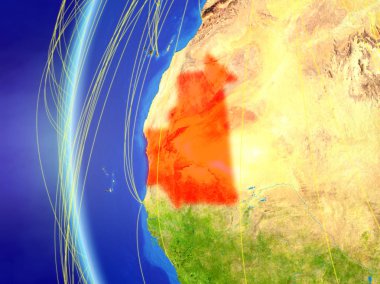 Moritanya uluslararası ağı ile Dünya'nın modeli uzaydan. Dijital iletişim veya seyahat kavramı. 3D çizim. Nasa tarafından döşenmiş bu görüntü unsurları.