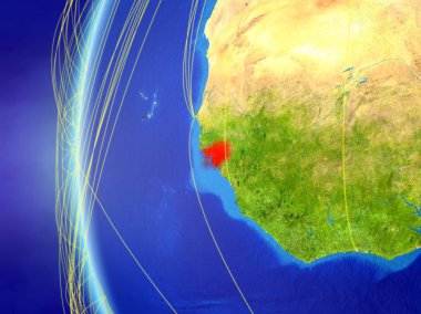 Gine-Bissau modeli dünya bir uluslararası ağ ile uzaydan. Dijital iletişim veya seyahat kavramı. 3D çizim. Nasa tarafından döşenmiş bu görüntü unsurları.