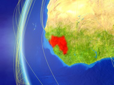 Gine modeli dünya bir uluslararası ağ ile uzaydan. Dijital iletişim veya seyahat kavramı. 3D çizim. Nasa tarafından döşenmiş bu görüntü unsurları.