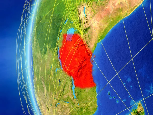 Tanzania Desde Espacio Modelo Tierra Con Red Internacional Concepto Comunicación —  Fotos de Stock