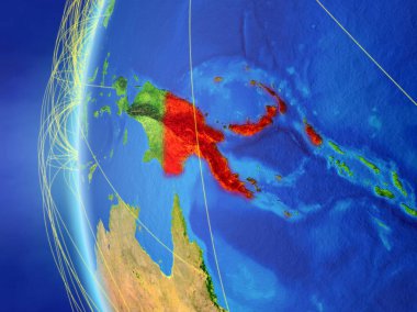 Papua Yeni Gine modeli dünya bir uluslararası ağ ile uzaydan. Dijital iletişim veya seyahat kavramı. 3D çizim. Nasa tarafından döşenmiş bu görüntü unsurları.
