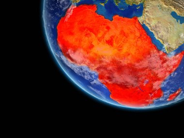 Afrika Planet Earth uzaydan. Çok ince ayrıntı gezegenin yüzey ve bulutlar. Kıta kırmızı ile vurgulanacaktır. 3D çizim. Nasa tarafından döşenmiş bu görüntü unsurları.