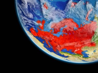 Avrupa gezegeni uzaydan. Çok ince ayrıntı gezegenin yüzey ve bulutlar. Kıta kırmızı ile vurgulanacaktır. 3D çizim. Nasa tarafından döşenmiş bu görüntü unsurları.
