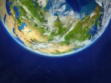 Asya gerçekçi modeli bir gezegeni uzaydan. Son derece ince detay gezegenin yüzey ve bulutlar. 3D çizim. Nasa tarafından döşenmiş bu görüntü unsurları.