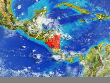 Nikaragua modeli bir ülke sınırları ile dünya gezegeni uzaydan. Son derece ince detay gezegenin yüzey ve bulutlar. 3D çizim. Nasa tarafından döşenmiş bu görüntü unsurları.