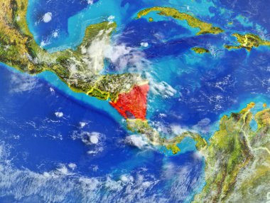 Nikaragua modeli bir ülke sınırları ile dünya gezegeni uzaydan. Son derece ince detay gezegenin yüzey ve bulutlar. 3D çizim. Nasa tarafından döşenmiş bu görüntü unsurları.