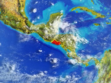 El Salvador modeli bir ülke sınırları ile dünya gezegeni uzaydan. Son derece ince detay gezegenin yüzey ve bulutlar. 3D çizim. Nasa tarafından döşenmiş bu görüntü unsurları.